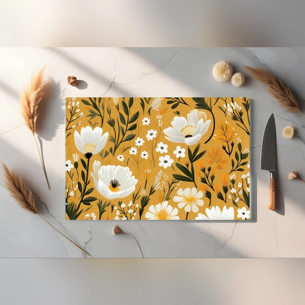 Floral Cutting Board with White and Green Design Yellow Background 11in X 8in